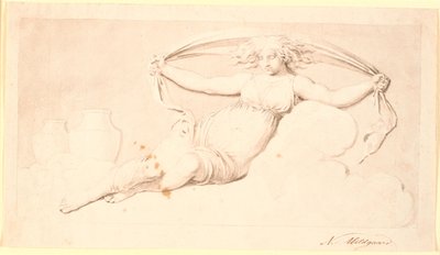 Natt, en vilande kvinnofigur. Gjort som grisaille. Samma sammansättning som Td 542.38, men utan vingar och med utblåst hår av Nicolai Abildgaard