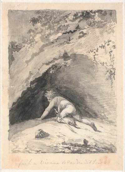 Niels Klim kryper in i grottan av Nicolai Abildgaard