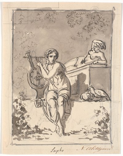 Sappho, sittande med sin lyra, i bakgrunden vilar en hermafrodit av Nicolai Abildgaard
