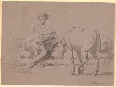 Scen från Apuleius "The Golden Ass" Bok 10. Den unga flickan klär av sig, till höger står åsnan av Nicolai Abildgaard