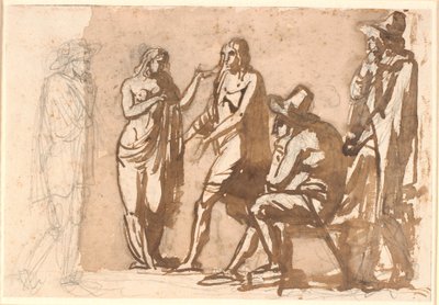 Tre herrar i 1600-talsdräkter tittar på ett ungt klassiskt par av Nicolai Abildgaard