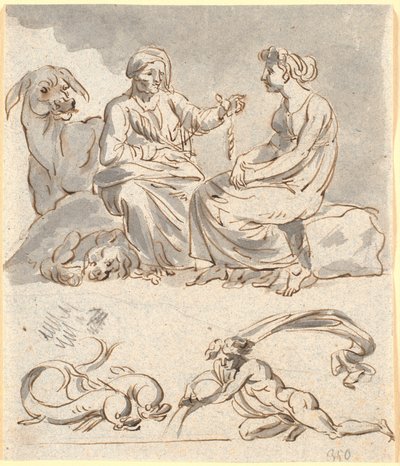 Utkast till scen av Apuleius "The Golden Ass" bok 4. Rånargängets hushållerska berättar för den unga flickan myten om Amor och Psyche. Nedan ett par delfiner och en naken figur, möjligen Vattumannen - himmelskt tecken för februari och januari av Nicolai Abildgaard