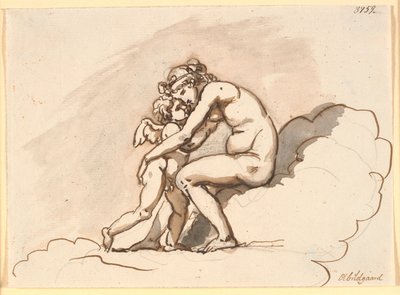 Venus, som sitter i molnen, omfamnar Amor av Nicolai Abildgaard