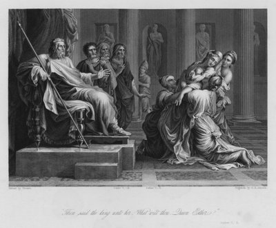 Esther före Ahasveros, Esther V, 3 (gravyr) av Nicolas (after) Poussin