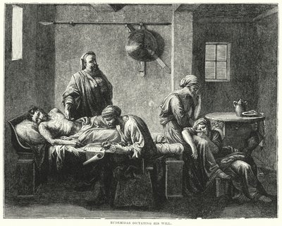 Eudemidas dikterar sitt testamente (gravyr) av Nicolas (after) Poussin