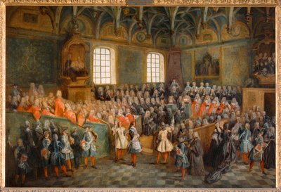 Domstolens session (Lit de Justice), som hölls i parlamentet den 22 februari 1723 ... av Nicolas (attr. to) Lancret