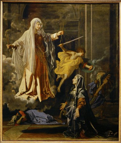 Miraklet av pesten av Saint Francoise Romaine ... av Nicolas (attr.to) Poussin