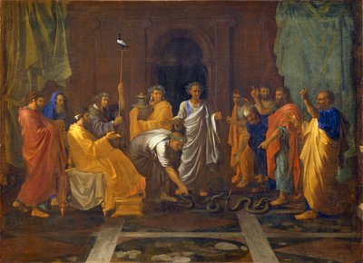 Moses förvandlar Arons stav till en orm ... av Nicolas (attr.to) Poussin