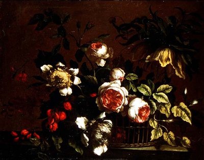 Rosor, pioner och andra blommor på en avsats av Nicolas (circle of) Baudesson