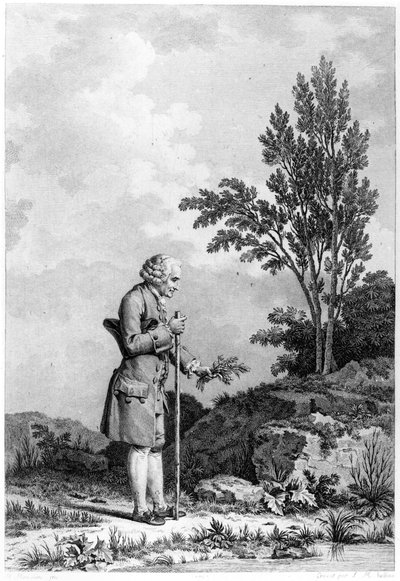 Jean-Jacques Rousseau (1712-78) samlar örter i Ermenonville, juni 1778, graverad av Louis Michel Halbou (f. 1730) av Nicolas Andre Monsiau