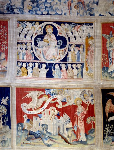 Uppenbarelsegardin (1373-1383), n. 13: Gud och Lammet, symbol för Kristus. Nedan, n. 20, de tre änglarna befriar krafterna. Gobeläng av Nicolas Bataille (1330-1405) av Nicolas Bataille