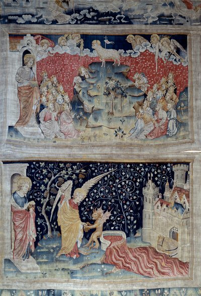 Upphängning av uppenbarelse (1373-1383), n. 47: Lammet på Sions berg. Nedan, n. 55, Ängeln plockar upp jordens vinstock, som hällde ut i Guds vredes stora kärl, kärlet svämmar över och blodet återgår. Gobeläng av Nicolas Bataille (1330-1405) av Nicolas Bataille
