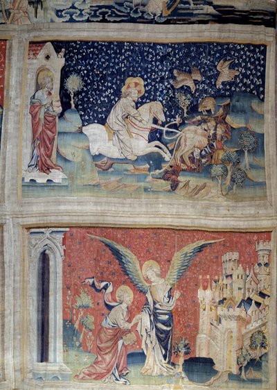 Upphängning av uppenbarelse (1373-1383), n. 70: Guds ord laddar betorna. N. 74: Sankt Johannes före ängeln och Jerusalem Ny. Gobeläng av Nicolas Bataille (1330-1405) av Nicolas Bataille