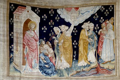 Upphängning av uppenbarelse (1373 -1383), n. 28: miraklet. Fideles Guds tjänare och profeter ser på floden förvandlad till blod. Gobeläng av Nicolas Bataille (1330-1405) av Nicolas Bataille