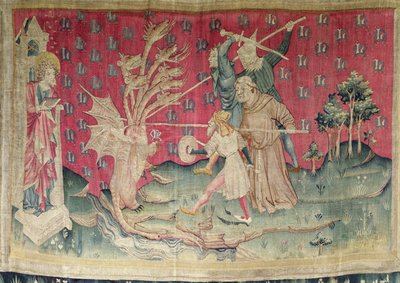 Draken som slåss med Guds tjänare, nej. 39 från "Apocalypse of Angers", 1373-87 (gobeläng) av Nicolas Bataille