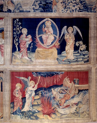 Uppenbarelsebokens ridå (1373 -1383), nr. 15 och 18: Gud och Johannes gråter när de ser katastrofen. Gobeläng av Nicolas Bataille (1330-1405) av Nicolas Bataille