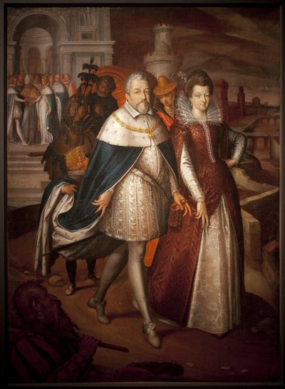 Porträtt av Francois I de Medicis (1541-1587), storhertig av Toscana och hans dotter Marie de Medicis (1575-1642), blivande drottning av Frankrike. Hertigen har halsbandet av Order of the Golden Fleece. Målning av Nicolas Bollery (död 1630), olja på duk av Nicolas Baullery