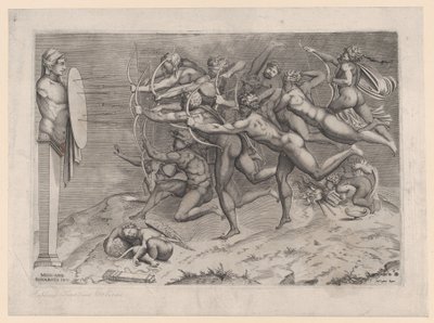 Nakna bågskyttar som skjuter mot ett mål fäst vid en herm, Amor sover nedanför, ev..., ca. 1540-60. av Nicolas Beatrizet