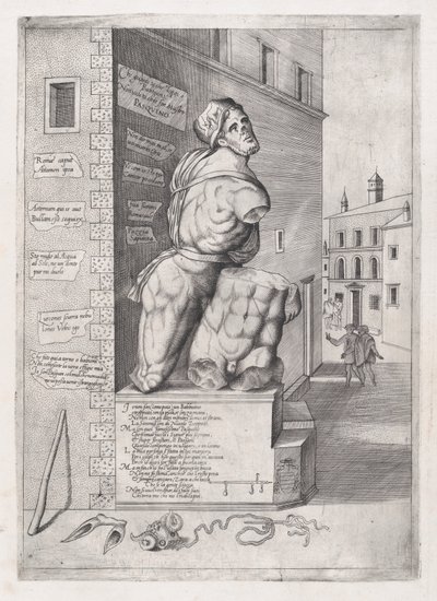 Mirror of Roman Magnificence: Staty av Pasquin i kardinal Ursinos hus..., 1500-talet. av Nicolas Beatrizet