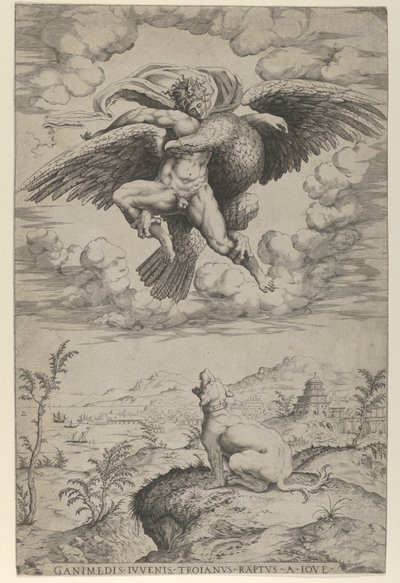 Ganymedes våldtäkt av Jupiter i skepnad av en örn som bär honom till himlen, hej..., 1542. av Nicolas Beatrizet