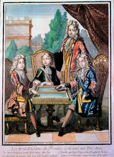 Barnbarnen till Ludvig XIV (1638-1715), Ludvig hertig av Bourgogne (d. 1712), Philippe, hertig av Anjou (1683-1746), och Charles, hertig av Berry med deras far, Ludvig (d. 1711), delfin i Frankrike, spelar tric trac (Trictrac eller Trictrac: backga:s förfa av Nicolas Bonnart