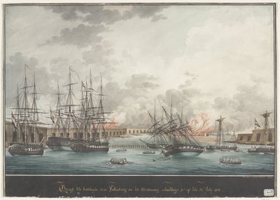 Utsikt över batterierna för Palembang efter segern på eftermiddagen - kl. 12.00. den 24 juli 1821 (titel på objekt) av Nicolas Cammillieri