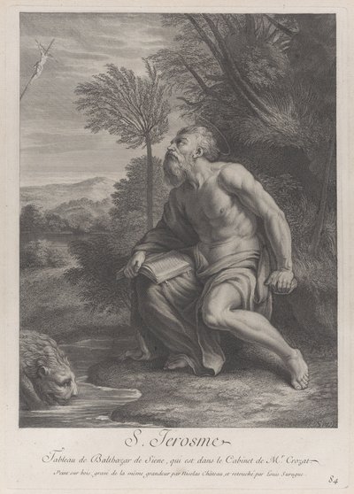 Den helige Hieronymus sitter vid ett träd och tittar upp på ett krucifix, ett lejon som dricker vatten från en ström..., 1728 av Nicolas Chateau