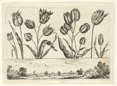 Blommor och jaktscen, från Livre Nouveau de Fleurs... av Nicolas Cochin