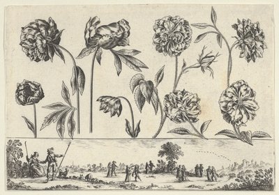 Horisontell panel med en rad blommor över en fris med figurer i ett landskap, från Li..., 1645. av Nicolas Cochin