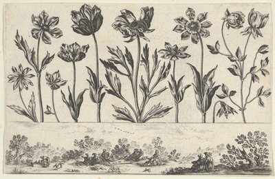 Horisontell panel med en rad blommor över en fris med figurer i ett landskap, från Li..., 1645. av Nicolas Cochin