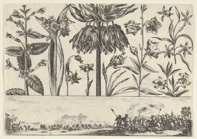 Horisontell panel med en rad blommor ovanför en fris med en stridsscen i ett landskap, ..., 1645. av Nicolas Cochin
