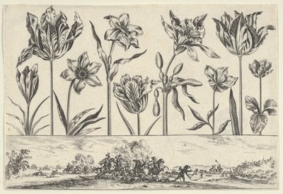 Horisontell panel med en rad blommor ovanför en fris med en stridsscen i ett landskap, ..., 1645. av Nicolas Cochin