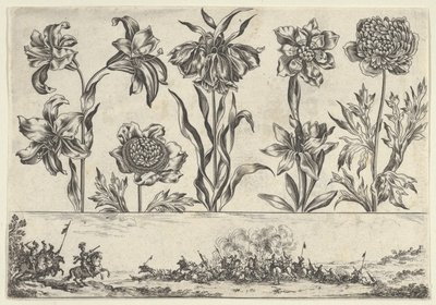 Horisontell panel med en rad blommor ovanför en fris med en stridsscen i ett landskap, ..., 1645. av Nicolas Cochin