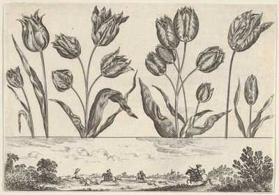 Horisontell panel med en rad blommor ovanför en fris med en jaktscen i ett landskap,..., 1645. av Nicolas Cochin