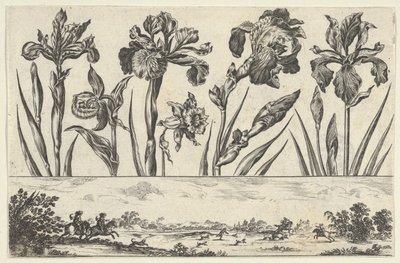 Horisontell panel med en rad blommor ovanför en fris med en jaktscen i ett landskap,..., 1645. av Nicolas Cochin