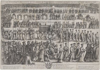 Processionen av St. Genevieves kista, med präster och lekmän som marscherar i sex rader..., 1652. av Nicolas Cochin