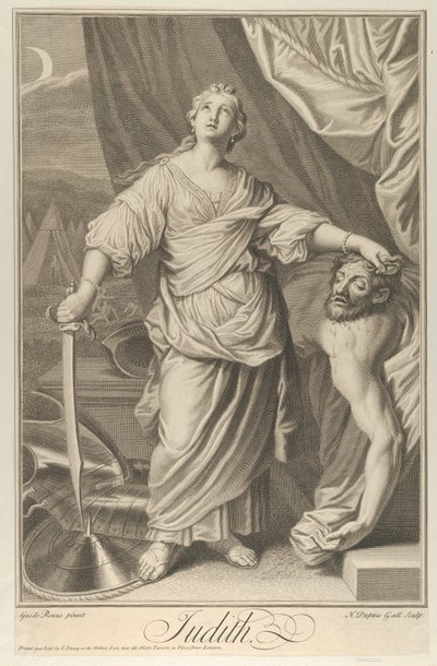 Judith står och tittar upp, håller Holofernes huvud i vänster hand och..., ca. 1718-61. av Nicolas Gabriel Dupuis