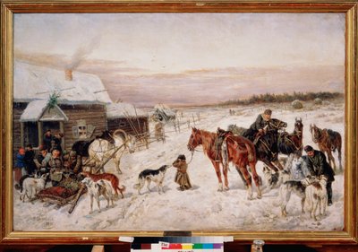 Innan en pub på vintern - Målning av Nikolai Yegorovich Sverchkov (Nicolas Swertschkoff) (1817-1898), olja på duk av Nicolas Gregorovitch Svertschkoff