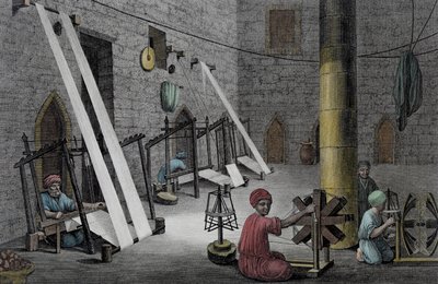 Interiör av en vävares verkstad, från volym II Arts and Trades av "Beskrivning av Egypten", graverad av Schroeder och E. Voysard, pub. under Napoleons order av Nicolas Jacques (after) Conte