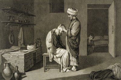 Frisören, från Volym II Arts and Trades av "Beskrivning av Egypten", graverad av Etienne Frederic Lignon (1779-1833) pub. under Napoleons order av Nicolas Jacques (after) Conte