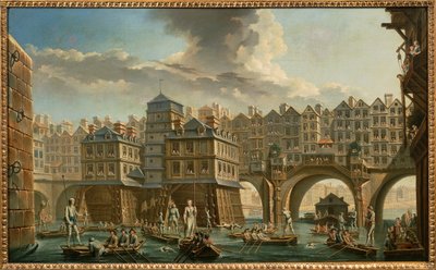 Paris, båtsmans tornerspel mellan Pont Notre-Dame och Pont au Change av Nicolas and Jean Baptiste Raguenet