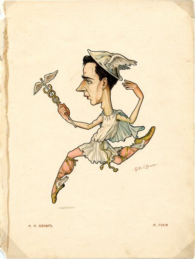 Porträtt av Mikhail (Michel) Fokine (1880-1942) Rysk dansare och koreograf - Litografi av Nikolai Gustavovich Legat (1869-1937), utdrag ur Ballet russe en caricatures av Nicolas Legat