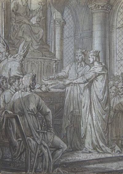 Ludvig III och Carloman ger kungarikets biskopar försäkran om deras trohet år 882, ca. 1791. av Nicolas Lejeune