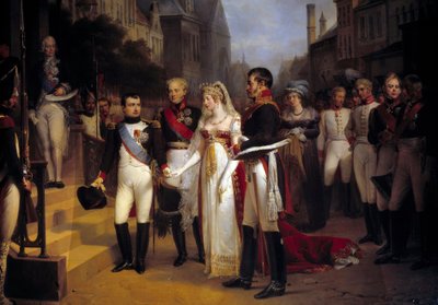 Kejsar Napoleon Bonaparte (1769-1821) tog emot drottning Louise av Preussen i Tilsit (Tilsitt) den 6/07/1807. På trappan väntar diplomaten Talleyrand. Målning av Nicolas Louis Gosse (1787-1878) 1837 Sön. 3,51x4,92 m Versailles, musee du Chateau - The av Nicolas Louis Francois Gosse