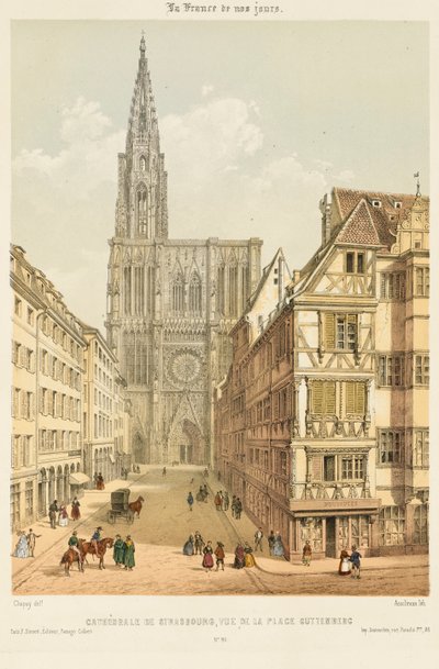 Rue Mercière och västra fronten av Strasbourgs katedral av Nicolas Marie Joseph (after) Chapuy
