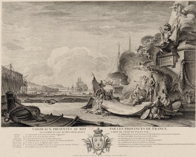 Allegorisk gravyr av skeppsgåvan cirka 1762 av Nicolas Ozanne