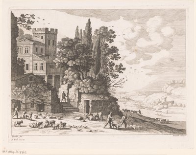 Landskap med hus, figurer och boskap av Nicolas Perelle