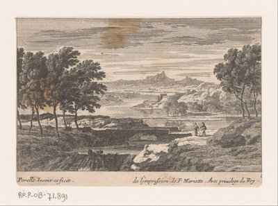 Landskap med vandrare vid stenbron av Nicolas Perelle