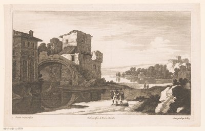 Flodlandskap med ruin med bågbro av Nicolas Perelle