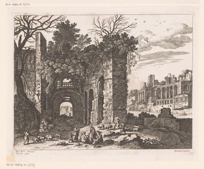 Vilande familj framför en ruin av Nicolas Perelle